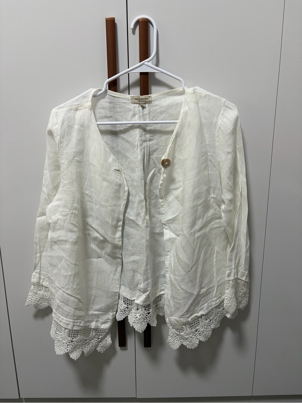 Women's Ivory Crochet-Hem Linen Blend Tunic Jacket
